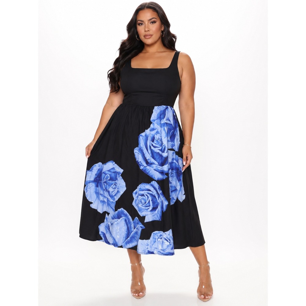 BloomChic Black Blue Rose Floral Square‎ Neck Midi Dress Womens Plus 14-16